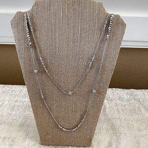 Chico's Double Strand Silver Necklace w/Square Beads and Circle Rhinestones EUC!